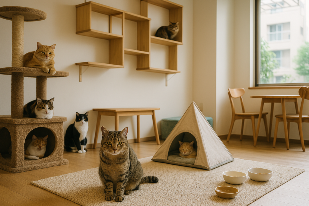 猫式のイメージ画像。明るく開放的な空間で、複数の猫たちがリラックスして過ごす様子。棚やテント、ラグなどが設置されたナチュラルな内装。