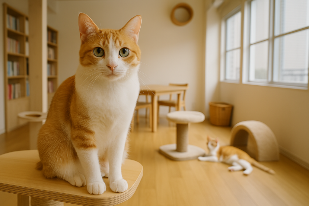小さな保護猫カフェ 香のイメージ画像。ケージの前にちょこんと座る猫と、「ねこの壁塁 希望 Ne Fantasia」と書かれたサイン。家庭的な保護猫施設の雰囲気。