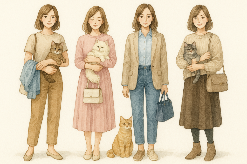 例えば、ベージュやパステルピンク、淡いブルーなどは、猫とのふれあいに自然な雰囲気をプラスします。また、これらの色は猫の毛色ともよく調和し、特に写真を撮る際も映えます。逆に、全身黒や濃い色で統一すると、少し重たい印象を与えることがあるため注意が必要です。
色の組み合わせにおいては、以下のポイントを意識すると良いでしょう。
メインカラーとアクセントカラーを考える。
同系色でまとめて統一感を出す。
コントラストを意識して、明るい色を差し色に使う。