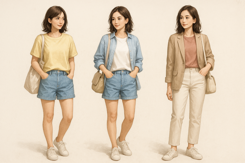 ゆったりとしたTシャツにデニムのショートパンツを合わせるスタイルが良いでしょう。これにスニーカーを履くことで、快適さもゲットできます。また、日差しが強い場合は、軽めのカーディガンや薄手のジャケットを羽織ると安心です。カラーは明るめやパステル調のものを選ぶと、猫カフェの楽しい雰囲気にもマッチします。