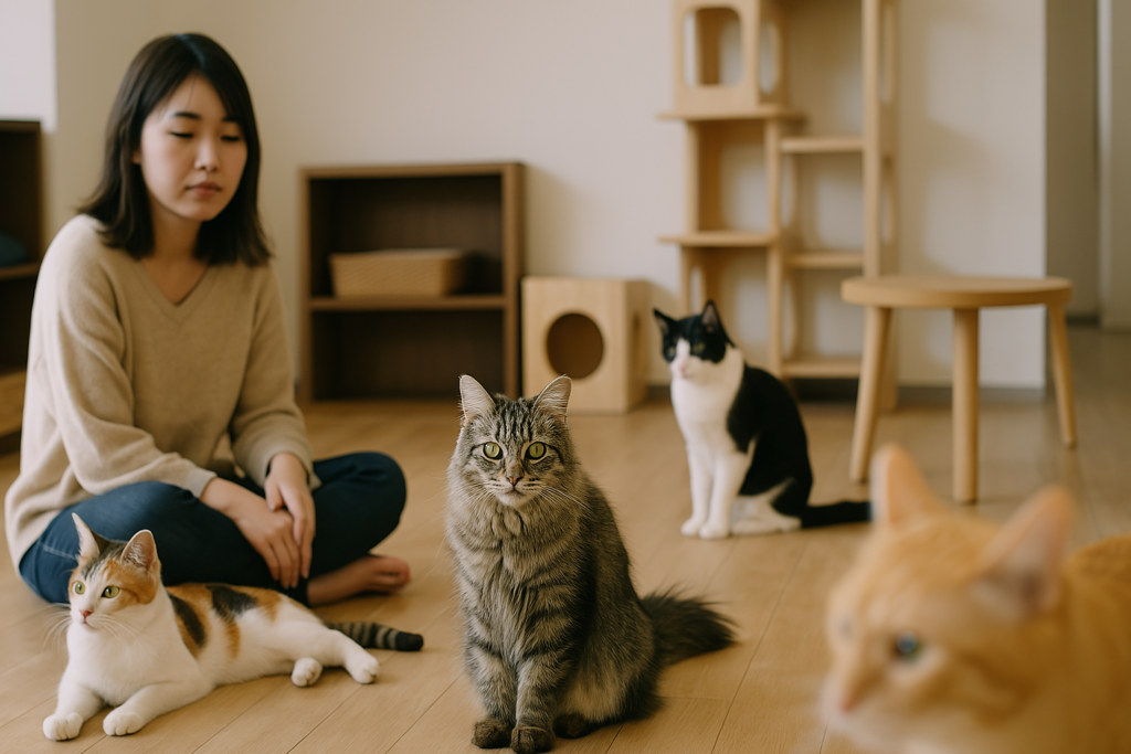 猫カフェの室内で、女性が静かに座っており、数匹の猫が周囲でくつろいでいる様子を描いた画像。猫が自由に動き回る落ち着いた雰囲気。猫があまり寄ってこない様子。