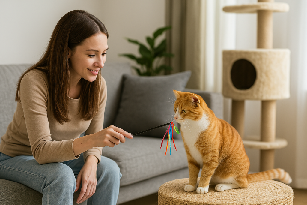 ソファに座った女性が、おもちゃを使って猫と楽しそうに遊んでいる様子。明るく落ち着いた雰囲気の部屋で、猫との信頼関係を築く瞬間を描写。