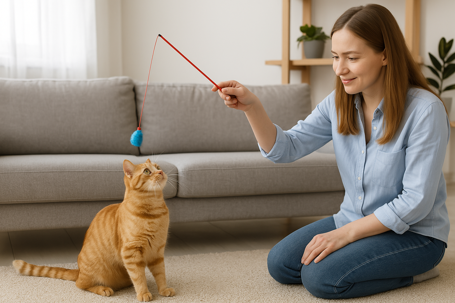 明るいリビングで、女性が赤いおもちゃを使って猫と遊んでいる様子。猫が楽しそうにおもちゃを見つめており、和やかな雰囲気の中で遊ぶシーン。