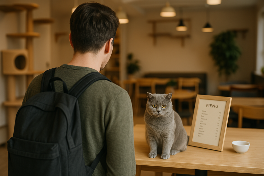 猫カフェで木製テーブルの上で猫と見つめ合う男性と猫のツーショット(自然光に包まれた猫カフェの空間)