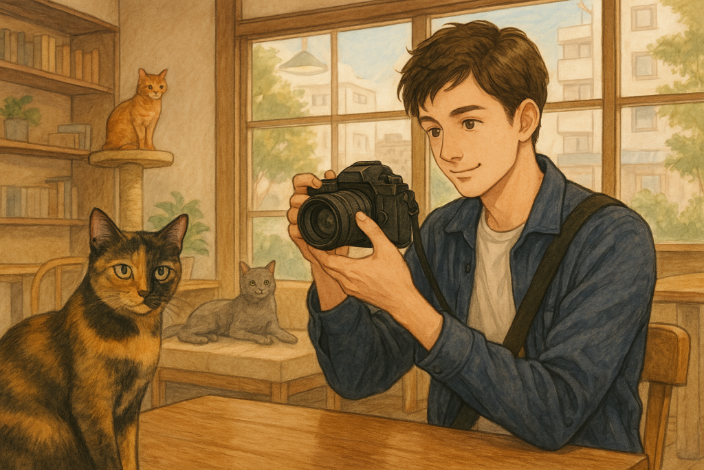 猫カフェで写真を撮る若者と猫たちのリアルなイラスト(猫カフェ 写真)