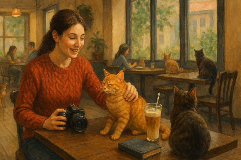 日差しの入る猫カフェで、猫と遊びながらアクティビティを楽しむ女性のリアルなイラスト
