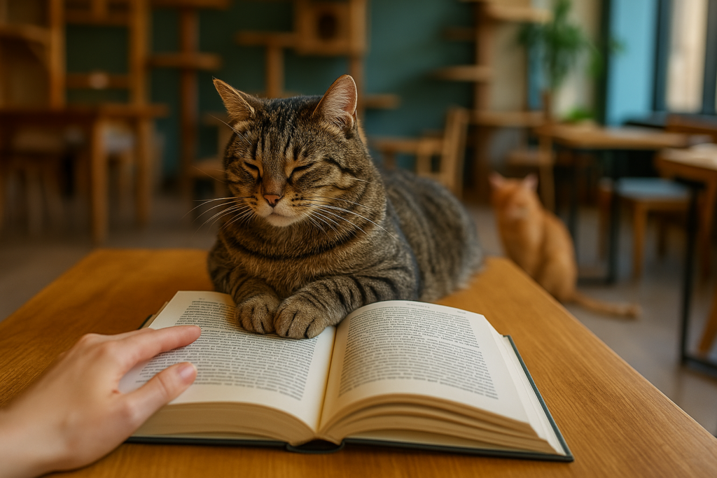 木のテーブルの上で読書中の横にくつろぐ猫と、柔らかな光に包まれた猫カフェの店内。