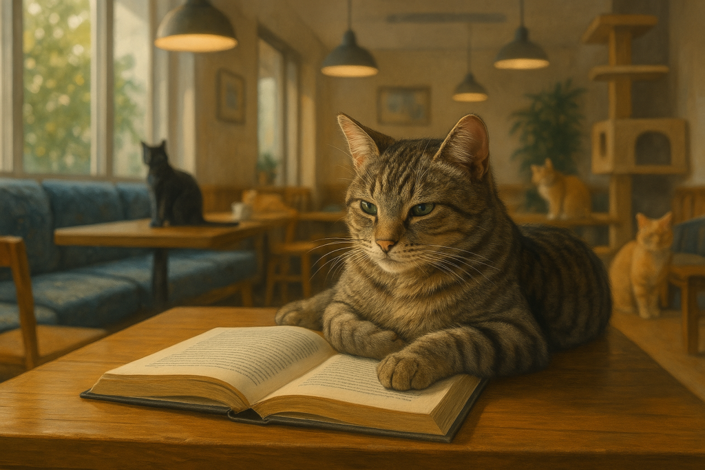 木製テーブルの上で本を読みながらくつろぐ猫と、光差し込む猫カフェの静かな雰囲気。