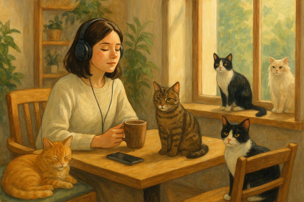 猫カフェ 音楽で過ごす穏やかな一人時間のイラスト(リアルタッチ)