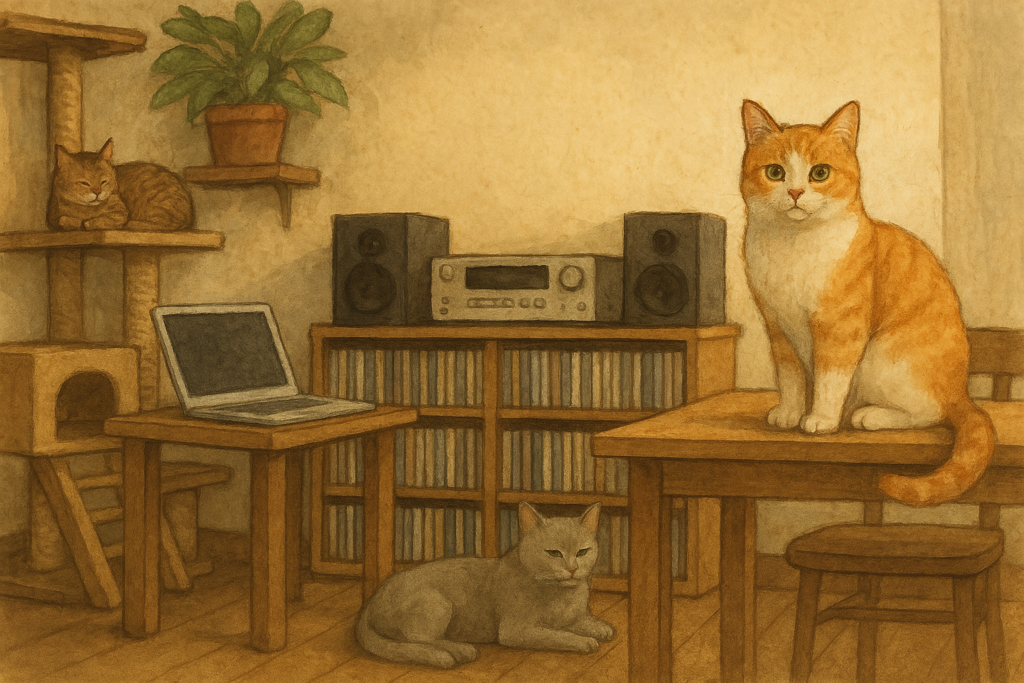 猫カフェ 音楽が流れる空間でくつろぐ猫たちのリアルなイラスト
