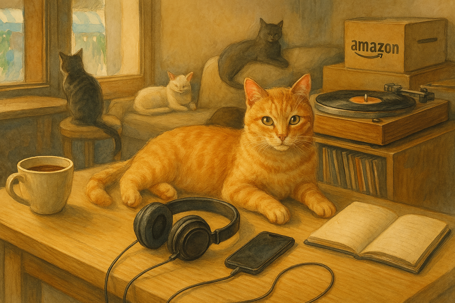 猫カフェ 音楽が流れる空間で猫と過ごす穏やかなアイキャッチ用イラスト