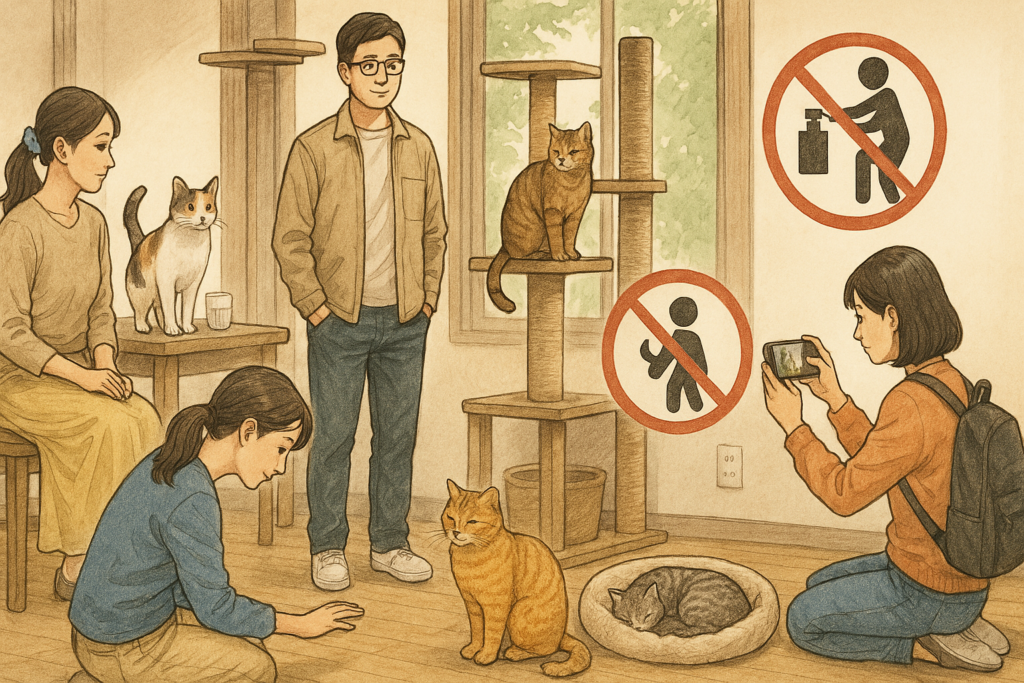 猫カフェ マナーを守る利用者と猫の穏やかな空間を描いたリアルなイラスト