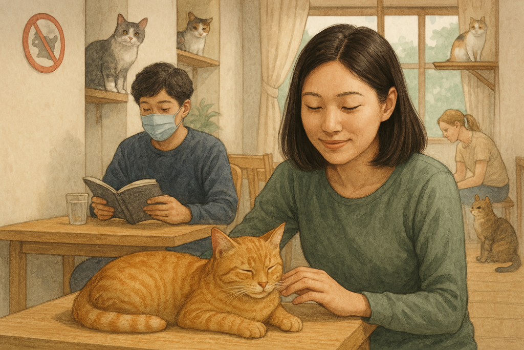 猫カフェ マナーを守って猫と触れ合う来店者の様子を描いたリアルなイラスト