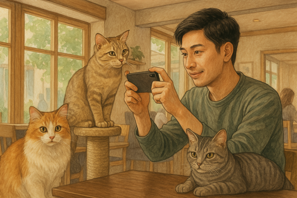 猫カフェで猫を撮影する男性とリラックスする猫たちのイラスト(猫カフェ 写真)