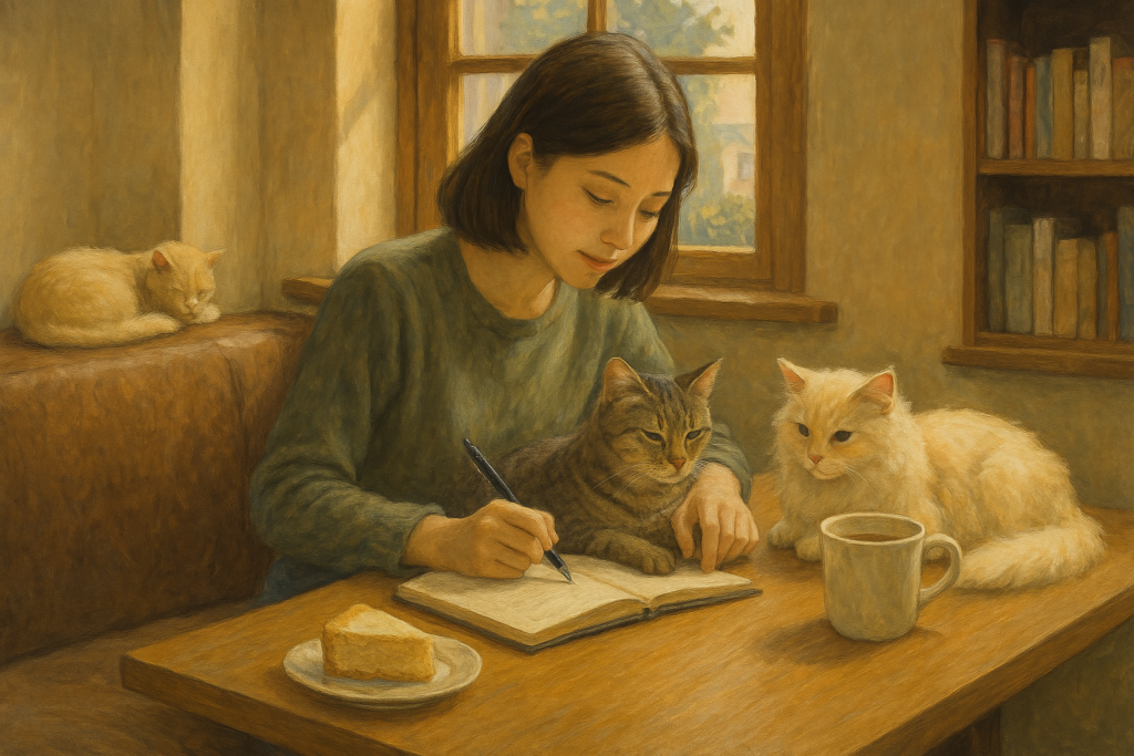 猫カフェでノートを開き、猫に囲まれながら穏やかに勉強する女性のリアルなイラスト