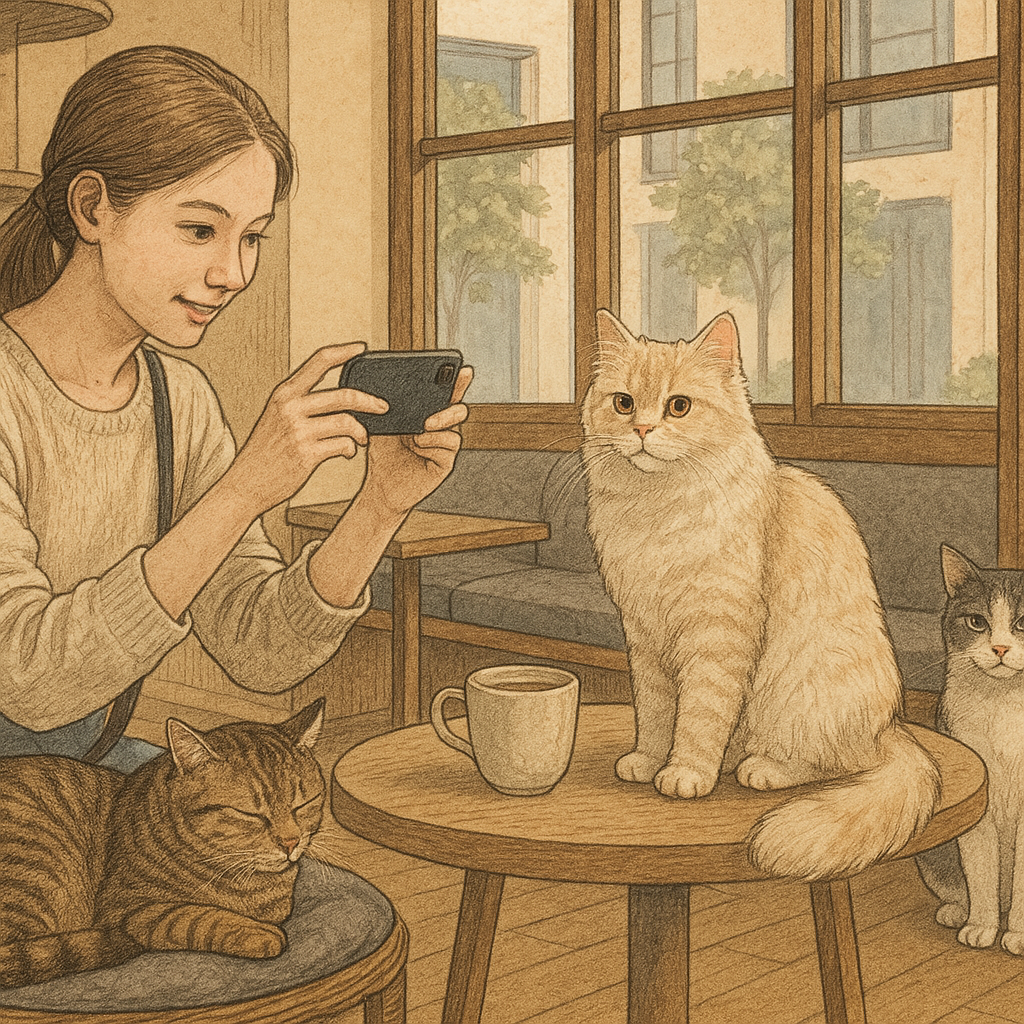 猫カフェでスマホ撮影する女性とくつろぐ猫たちのイラスト(猫カフェ 写真)